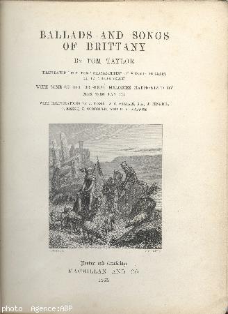 Page de titre - avec une gravure de James Tissot - de : <i>Ballads ands songs of Brittany by Tom Taylor translated from the “Barsaz-Breiz” [sic] of Vicomte Hersart de la Villemarqué with some of the original melodies harmonized by Mrs Tom Taylor with illu