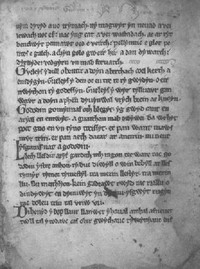 Une page du Livre d'Aneurin. MS c. 1275. Du fac-similé édité en 1908 par J. Gwenogvryn Evans. Manuscrit du XIIIe siècle. Livre qui ne sera pas mis en vente.