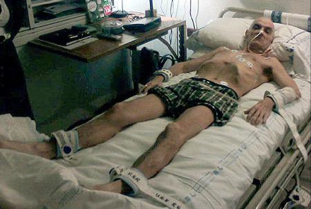 Inaki de Juana Chaos  shackled to his hospital bed  while on a hunger strike last year.