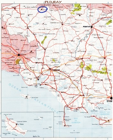 On voit Vannes Lorient Pontivy et - aux confins nord Morbihan / Côtes-d'Armor - la ville de Plouray. Carte du site NPCB. (Cliquer pour agrandir).