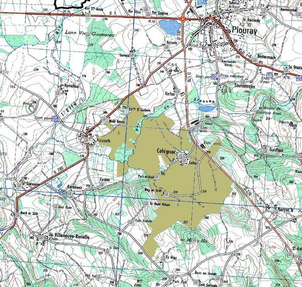 L'emprise prévue de la zone GDE au sud de Plouray. Carte du site NPCB.