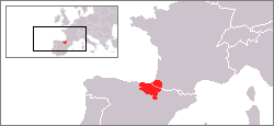 The location of Euskal Herria (Basque Country)in Europe  spnning the states of Spain and France.