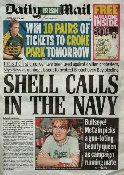 Daily Mail newspaper  Ireland showing headlines of Irish Navy deployment of boats to police protesters. The Council of Europe have stated that they will now look into this further.