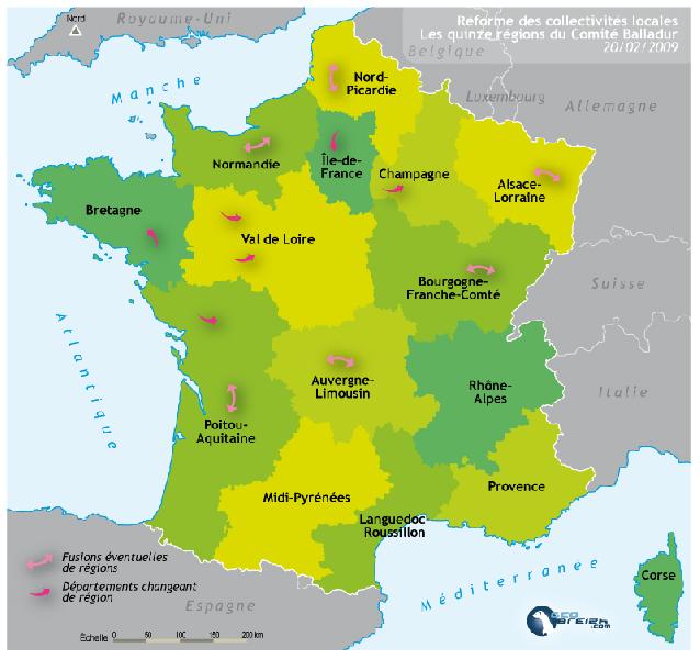 Les quinze régions selon les premières informations du Comité pour la réforme des collectivités locales. Carte : Geobreizh.com