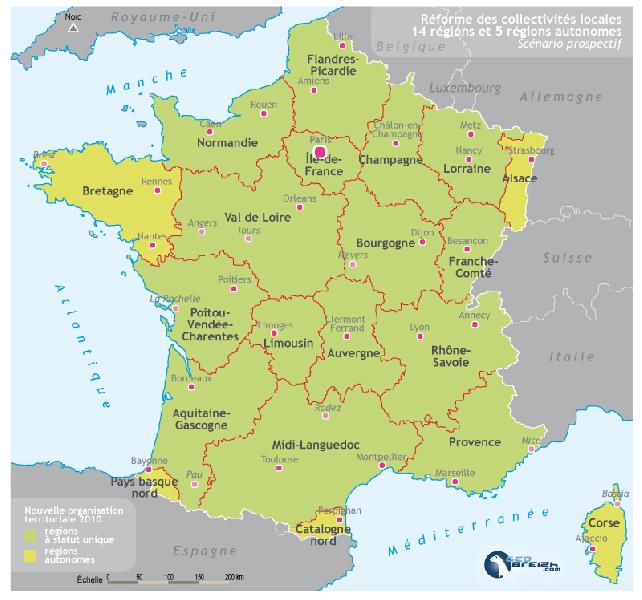 Scénario prospectif d'une réorganisation territoriale de l'Hexagone. Carte : Geobreizh.com