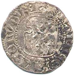 Monnaie frappée par le duc souverain de Bretagne Jean IV. Inscription :  <i><b>IOHANNES BRITONV DVX</b></i> (Jean duc des Bretons) — targe semée de mouchetures d’hermine. Un N en fin de légende indique l’origine nantaise de cette pièce.