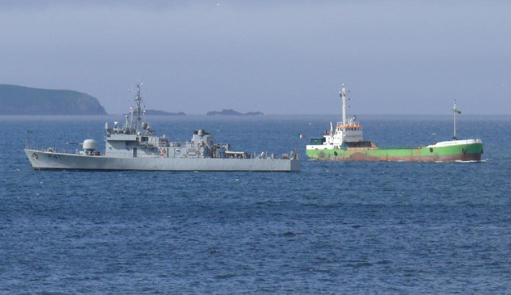 Irish Navy war ship on patrol to protect Shell's interests in County Mayo  Ireland against protesters.