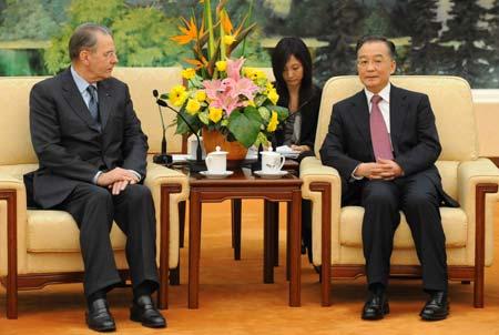 President of the Olympic Committee  Jacques Rogge  (left) in preparatory talks in the run up to the Beijing Olympics 2008.