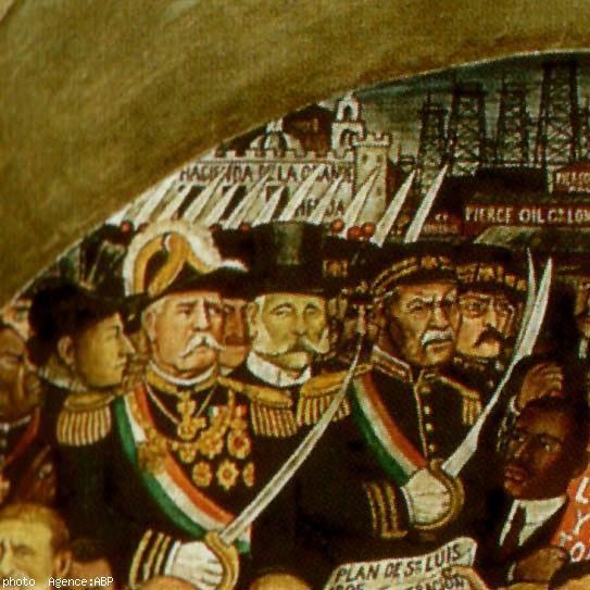 José Limantour apparaissant (avec le haut-de-forme) sur le mural de Diego Rivera au palacio nacional de Mexico (Collection privée Philippe Argouarch).