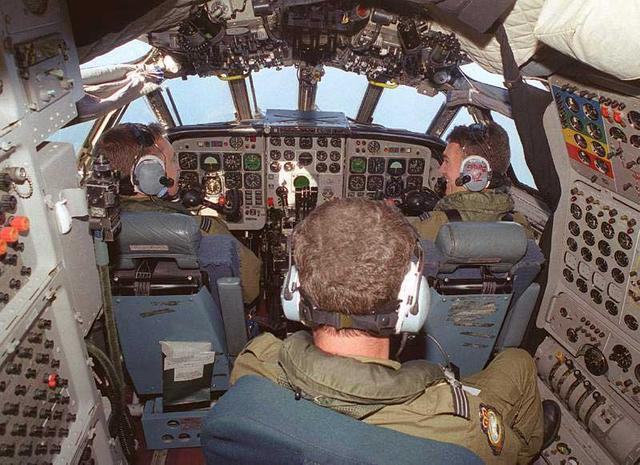 Inside the cockpit of an RAF Nimrod.