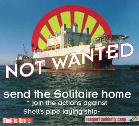 A Shell to Sea poster calling for the return of the Solitaire ship that came to lay gas pipelines.