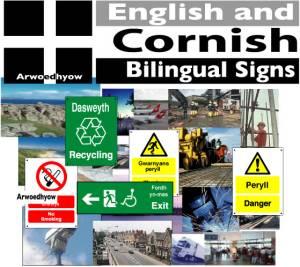 Image advertising the sale of bilingual Cornish/English signs. The Cornish language is just one language highlighted in the UK report (image: bilingual signs)