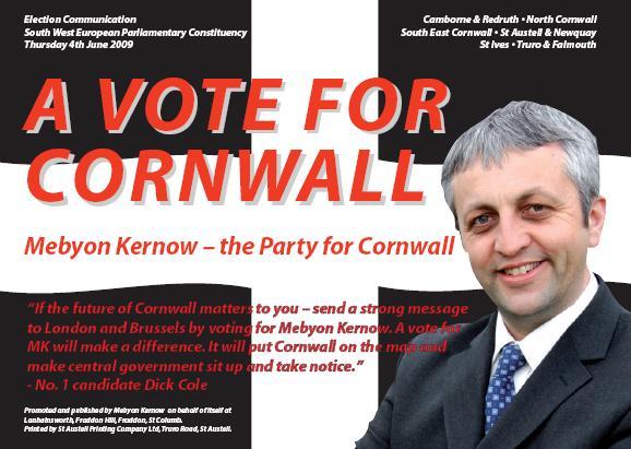 An election leaflet showing the leader of Mebyon Kernow - the Party for Cornwall  Cllr. Dick Cole (image: Mebyon Kernow)