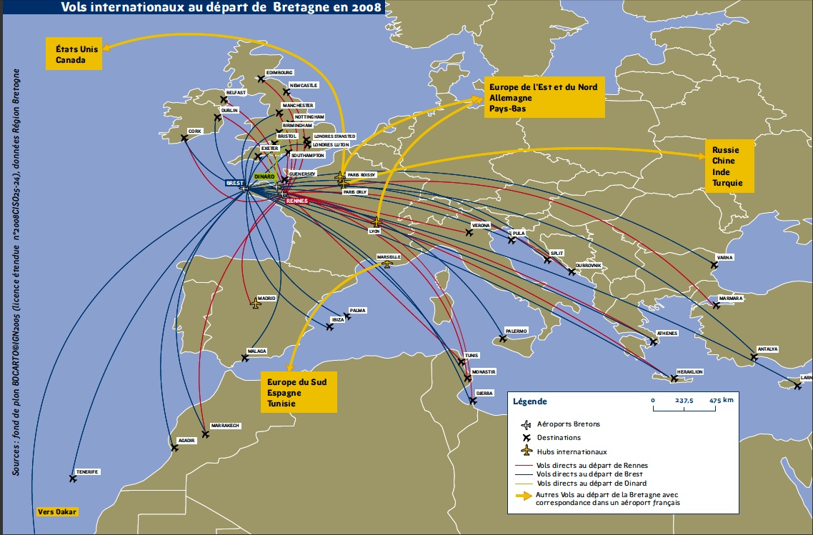 Les vols internationaux au départ de la Bretagne administrative. (2008) source: région Bretagne