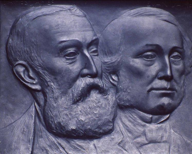 Memorial. Close-up. Left James James (the son) who composed the music. Right Evan James. Photo Pontypridd Museum.