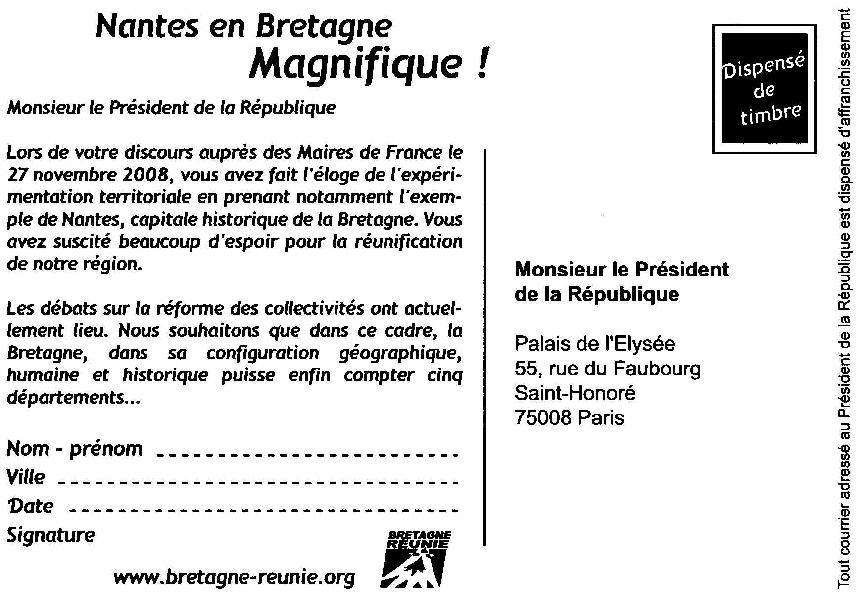 Carte postale pour le Président de la République. Verso. Création Mikael Bodlore-Penlaez.