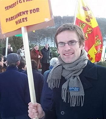 The League's General Secretary at a protest in Wales (above) (photo: Mebyon Kernow)