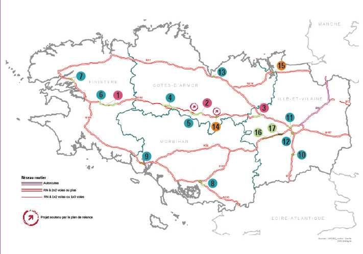 Carte réseau routier région Bretagne.