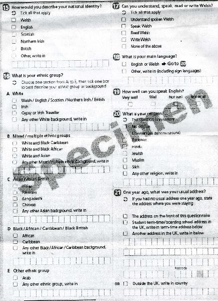 Specimin page(above) to be used in the 2011 Census (copy: ONS)