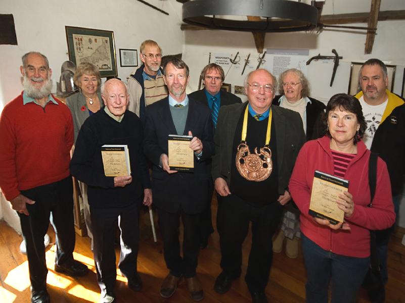 At the public launch of the dictionary. Members of the Cornish Language Board and of Gorseth Kernow. Left to right : Jori Ansell (Publications) ; Maureen Fuller (Examinations & Deputy Grand Bard) ; Wella Brown (Treasurer) ; Julyan Holmes ; Ken George (Cha