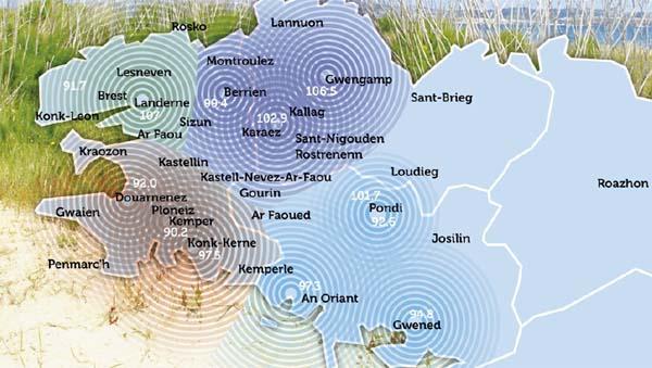 Le réseau des radios brittophones en Basse Bretagne. (source Brudañ ha Skignañ)