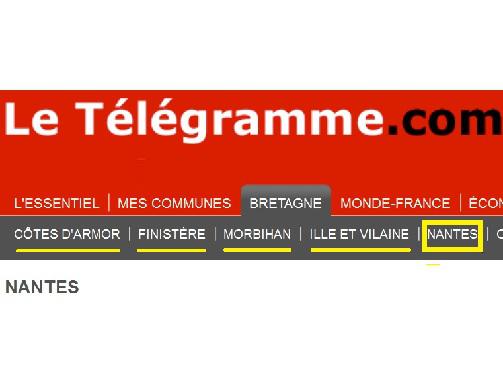 Le Télégramme automne 2010. Le nouvel onglet Nantes à côté des 4 autres départements bretons (en jaune ajouté).