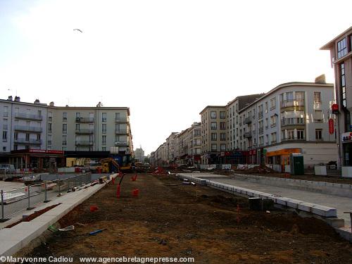 July 2010 in Brest. Building the tramway line. Siam street and Town Hall in the background.