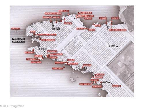 Les villes en rouge sur la carte sont celles que <i>Géo</i> cite.