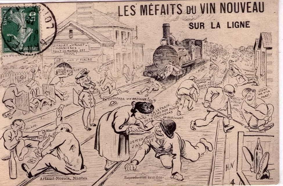 Une série de cartes postales d'il y a un siècle : les méfaits du vin nouveau.