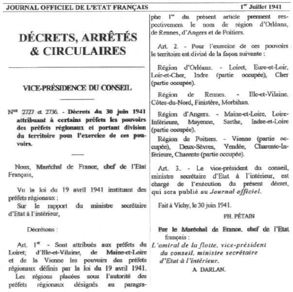 Le décret de 1941 qui sépare la Loire-Atlantique de la Bretagne.