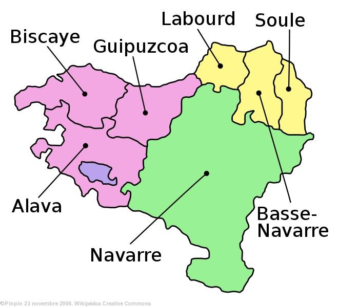 Les sept provinces historiques du Pays Basque (<i>Euskal Herria</i>). En jaune les trois provinces basques de France.