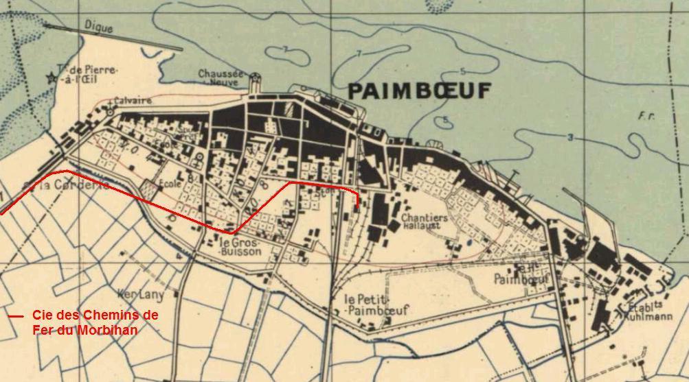 Plans des gares de Paimboeuf (carte de 1944 modifiée). En rouge la ligne de Pornic.