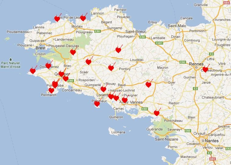 La carte des fest noz de Sonerien Du arrêtés actuellement provenant de leur site. Ajouter hors cette carte-ci Savigny-sur-Orge près de Paris le 10 novembre.