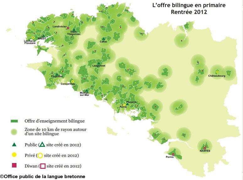 Carte des nouvelles offres d'enseignement bilingue en Bretagne pour la rentrée 2012.