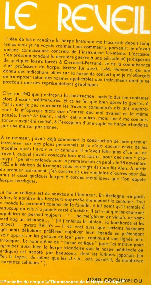 Texte de Jord Cochevelou  père d'Alan 
sur la raison de fabrication des harpes 
celtiques