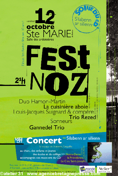 Dihun Bro Redon organise un fest-noz à Sainte-Marie  près de Redon  le 12 octobre  à l'occasion de la sortie du CD (création : Catherine Cloarec  Atelier 31  Redon).