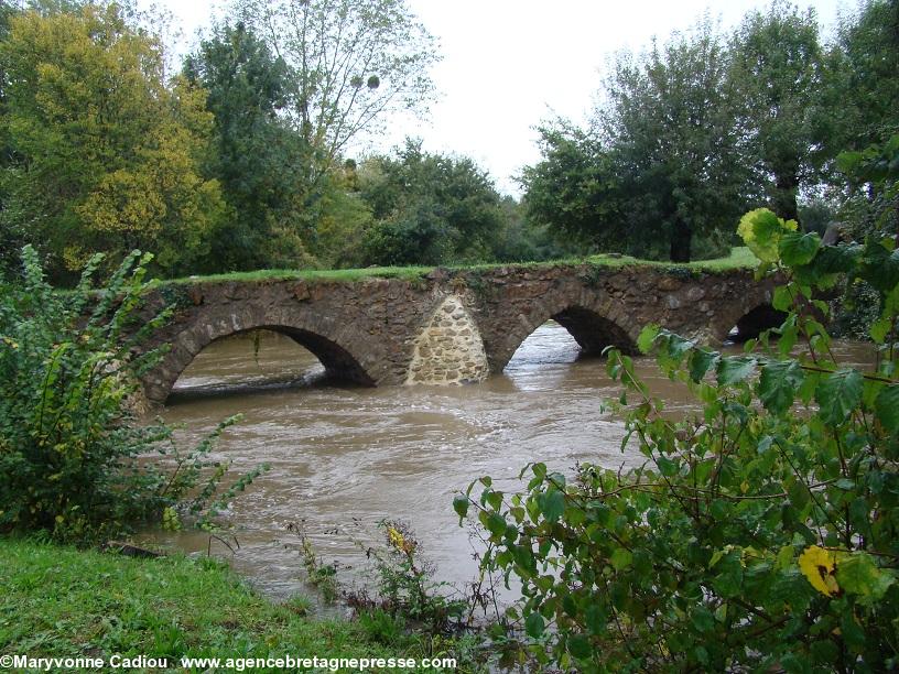 Le Pont gallo-romain de Mouzillon sur la Sanguèze en crue.