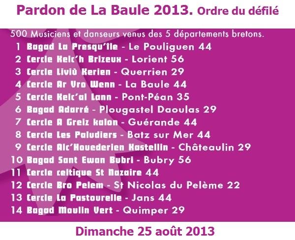 Pardon de La Baule 2013. Ordre des groupes du défilé du dimanche 25 août.