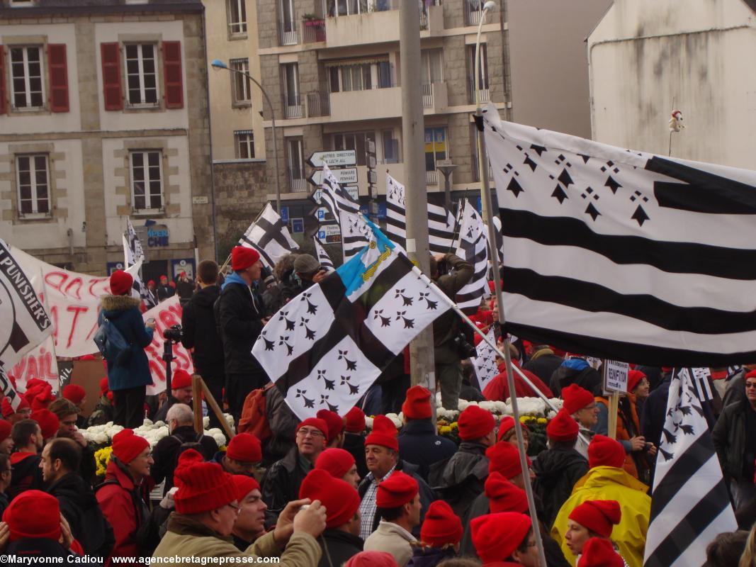 14 h 53. Un des drapeaux venus de Saint-Nazaire. Bonnets Rouges Quimper 2 nov. 2013.