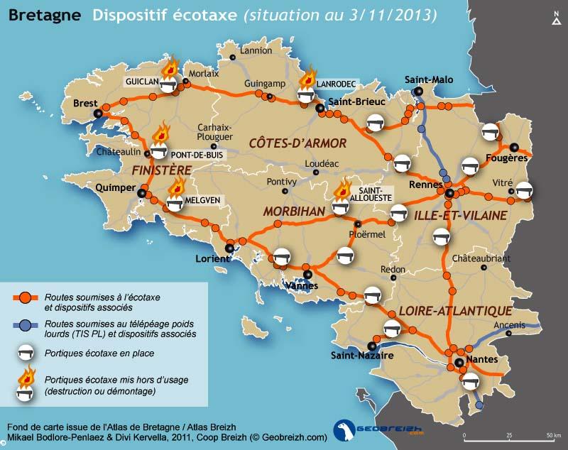 Les 17 portiques écotaxe en Bretagne.