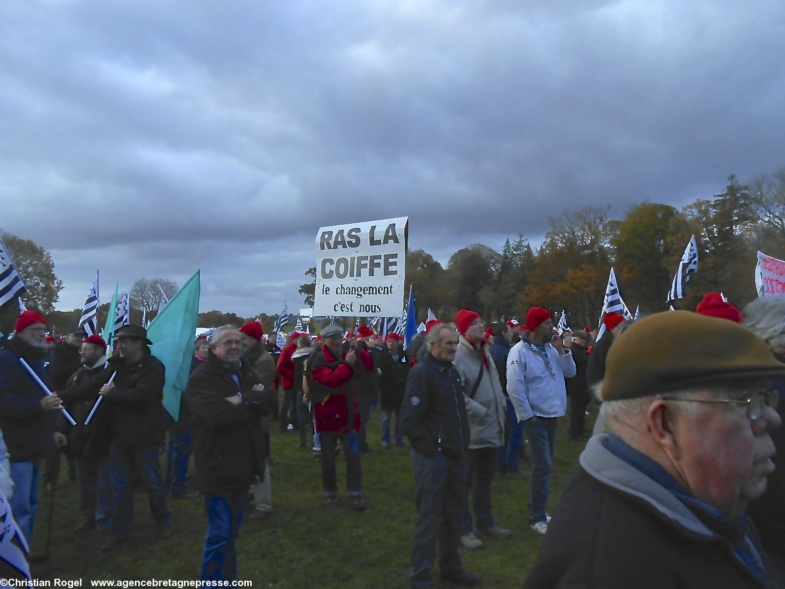 Carhaix (30/11/13). Le rassemblement pour Vivre, décider et travailler en Bretagne, incluait des traits d'humour.