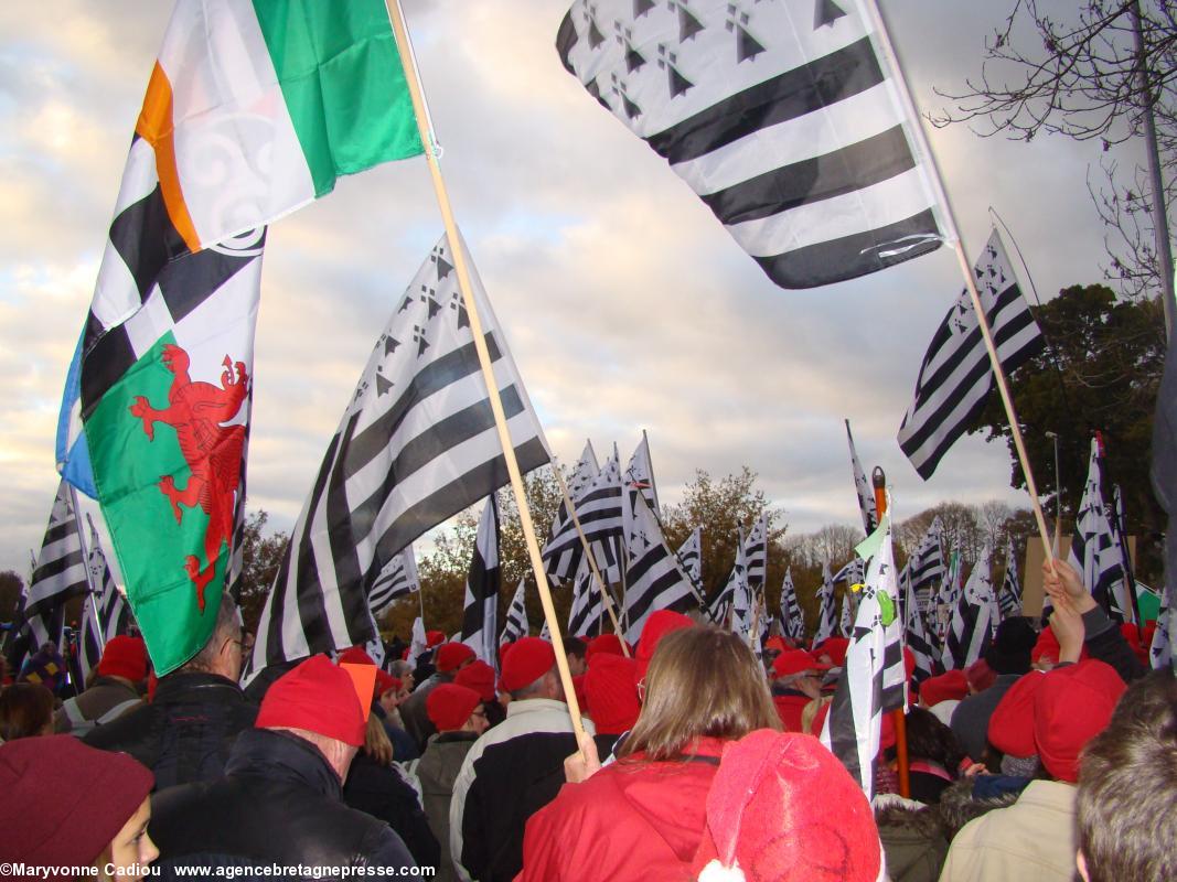 En remontant vers le bourg. Drapeau interceltique. Bonnets Rouges, Karaez 30 nov. 2013.