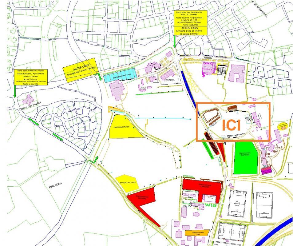 Plan de circulation et stationnements extrait du dossier de presse. Karaez, Bonnets rouges 30 nov. 2013.