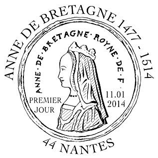 Cachet Premier Jour pour le timbre Anne de Bretagne. Dessin de Claude Perchat.