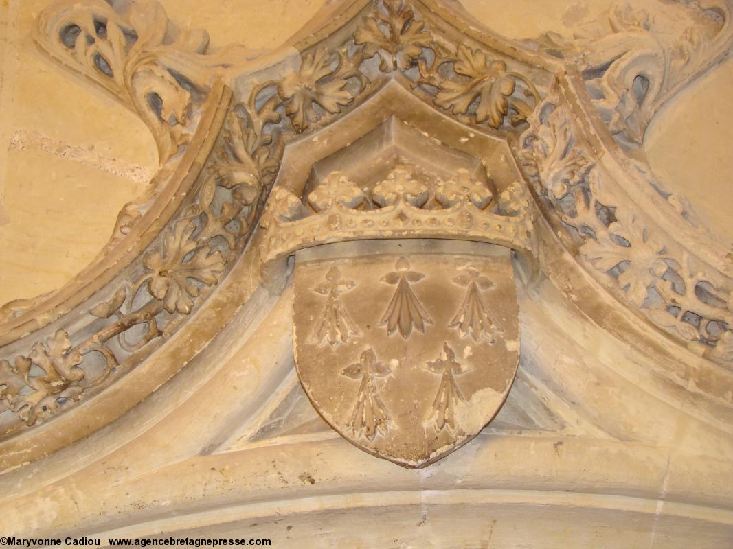 La porte à gâble mouluré sculpté du XVe vers la sacristie. Blason herminé. Chapelle de l'Immaculée. Nantes.