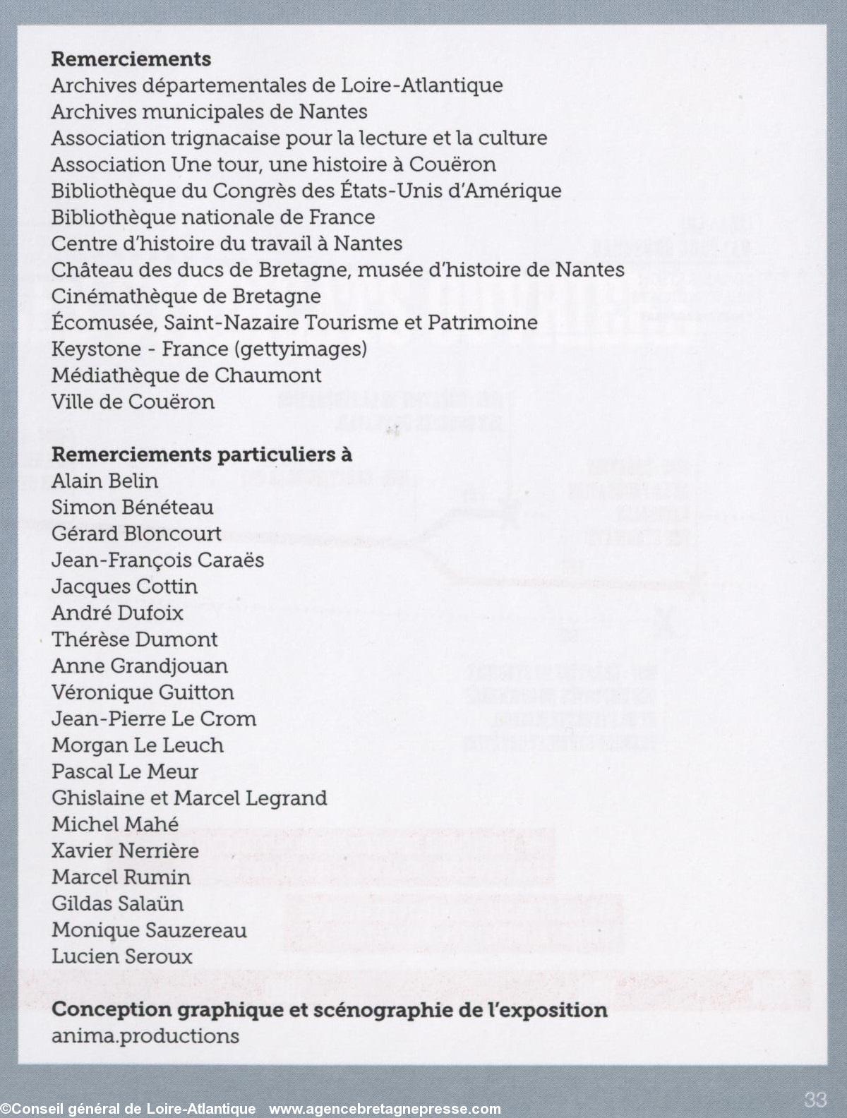 Livret de visite p. 33, les remerciements. Histoire du syndicalisme ouvrier en Basse-Loire. Exposition à l'Hôtel du Département.