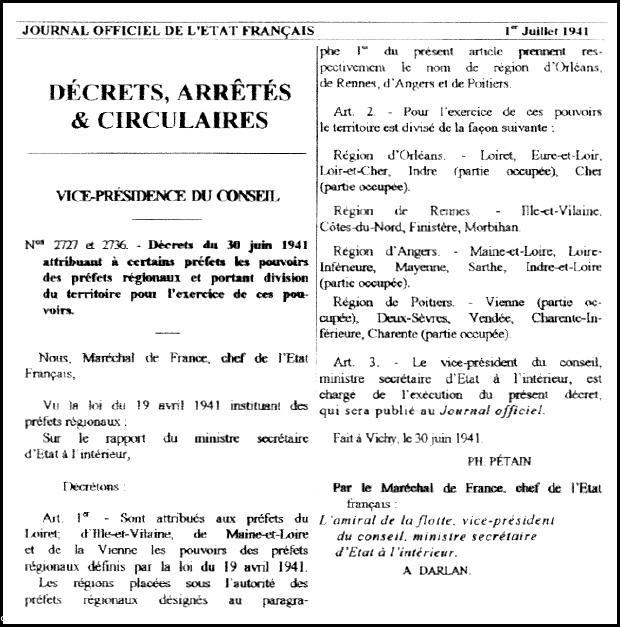 Le décret du 30 juin 1941 qui sépare la Loire-Inférieure du reste de la Bretagne.