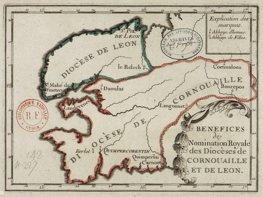 L'inventaire couvre l'ensemble des neuf anciens diocèses de Bretagne, dont ceux de Quimper et Saint-Pol de Léon, ci-dessus.