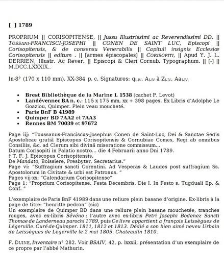 Exemple de notice du cd-rom <i> Inventaire des livres liturgiques de Bretagne</i>.