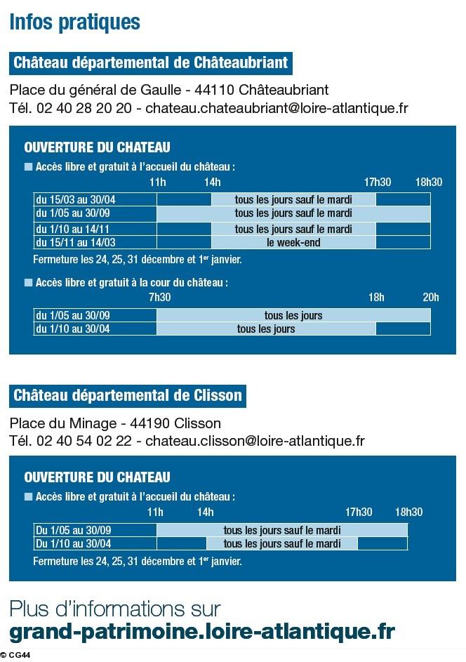 Infos heures d'ouverture des châteaux de Châteaubriant et Clisson toute l'année.